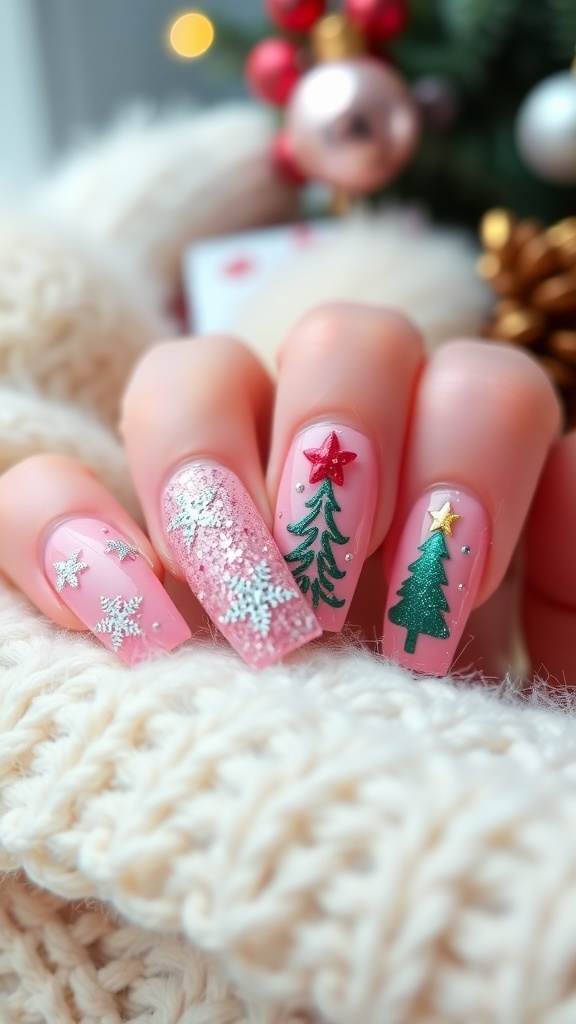 Close-up of pink Christmas nail art with glitter and festive designs.